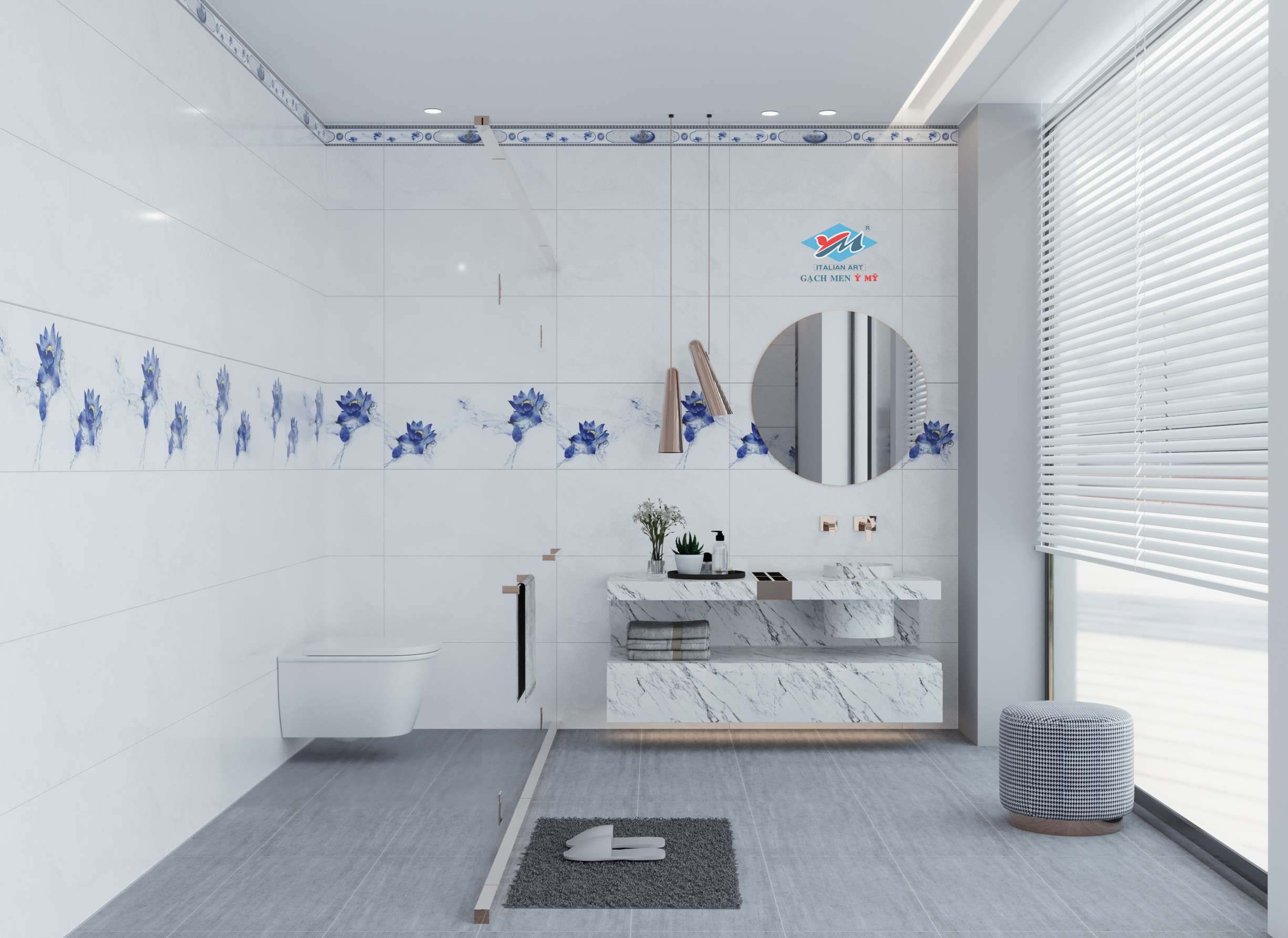 Gạch 40x80 gam màu trắng họa tiết hoa sen và đường vân đá nhẹ nhàng GACH-MEN-Y-MY-GACH-OP-TUONG-NHA-TAM-01
