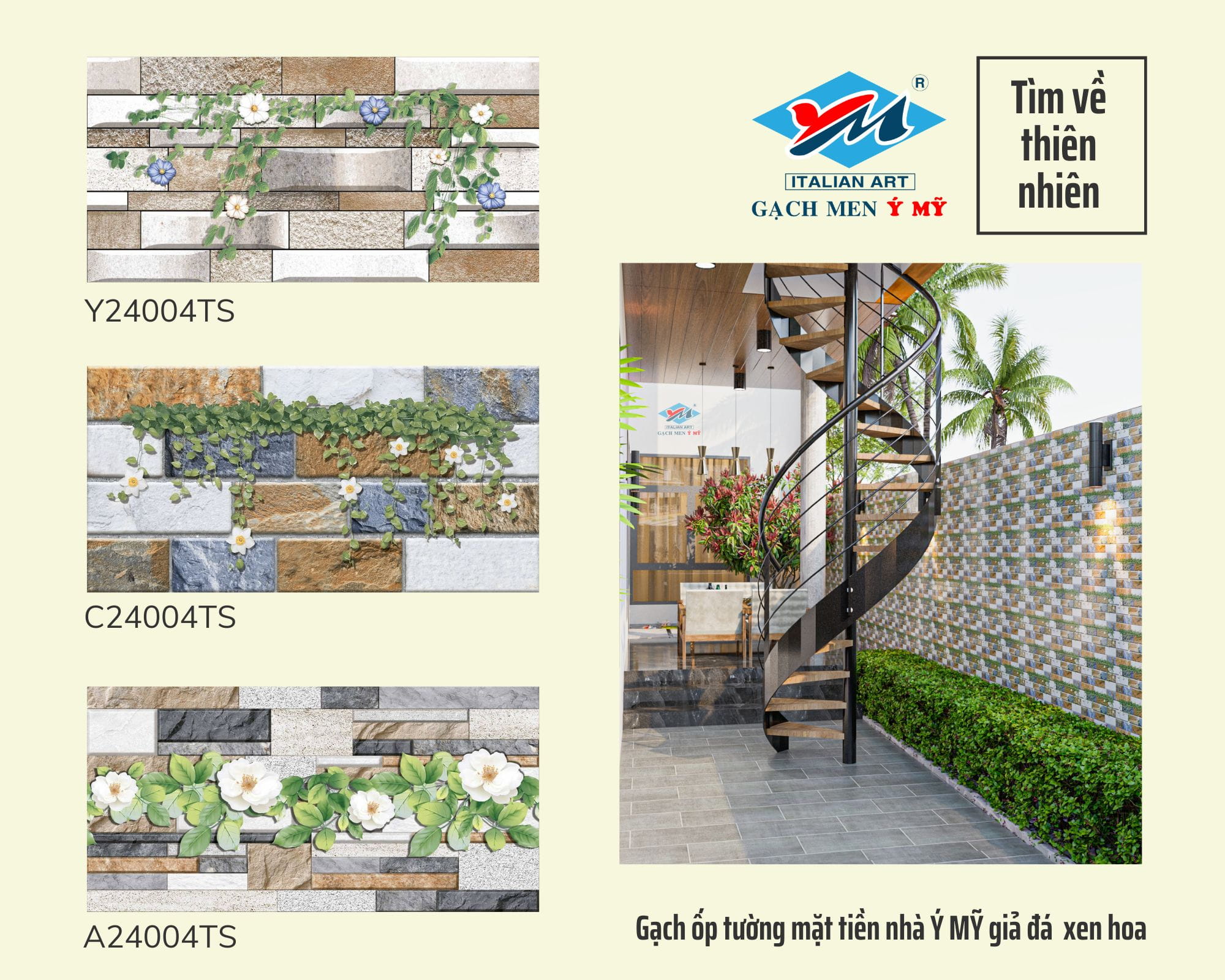 Gạch ốp tường mặt tiền nhà giả đá xen hoa