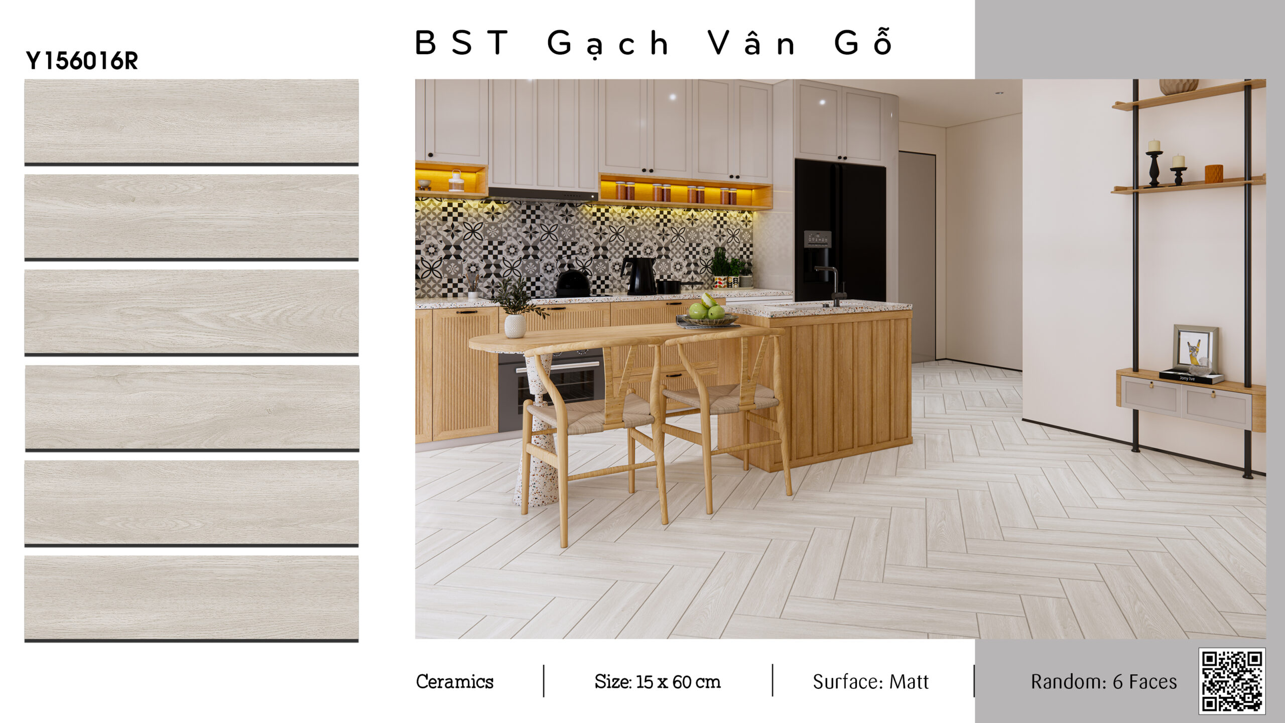 Gạch giả gỗ Gạch thẻ giả gỗ 15x60cm ứng dụng không gian phòng bếp an toàn, hiện đại